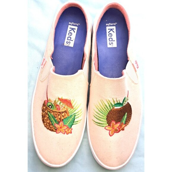 Keds Women's Softerra Size 9 Beige Slip Ons Embroidered Tropical Cocktails - Picture 1 of 9